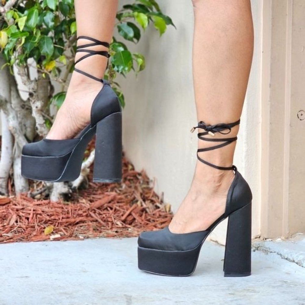 Womens Satin Platform Chunky Lace Up Heels Black Color - Picture 4 of 7
